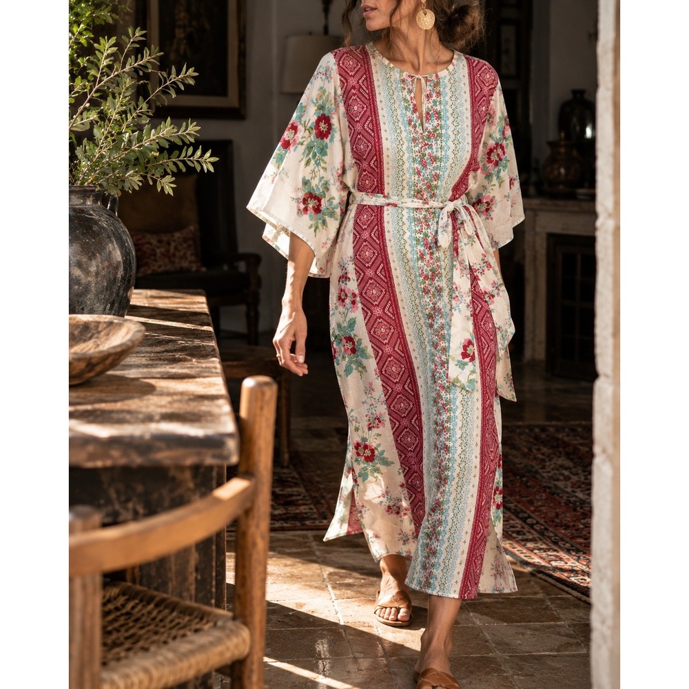 NWT Villa D'Ascoli x The Company Store Rose Stripe Cotton Maxi Caftan S/M